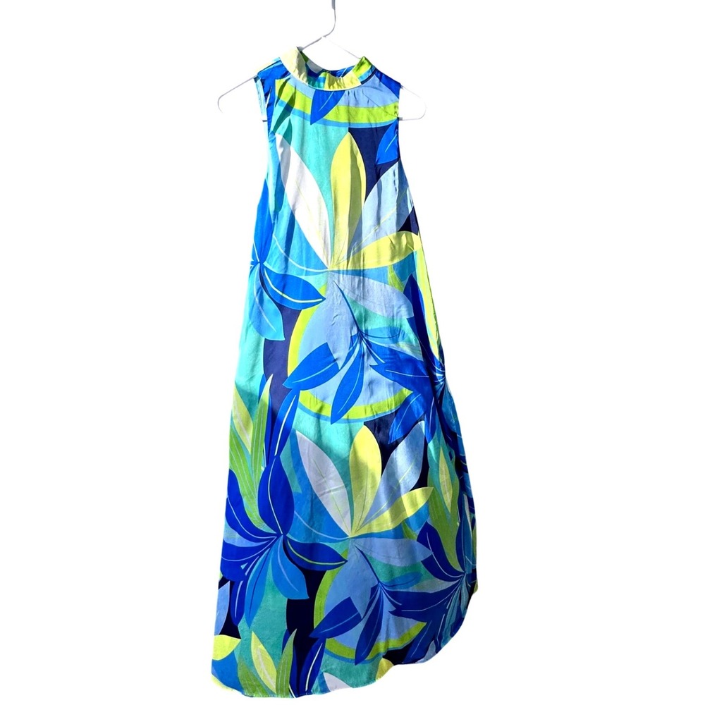 Nicole Miller New York Sleeveless Maxi Dress Tropical Floral Print Blue Yellow M